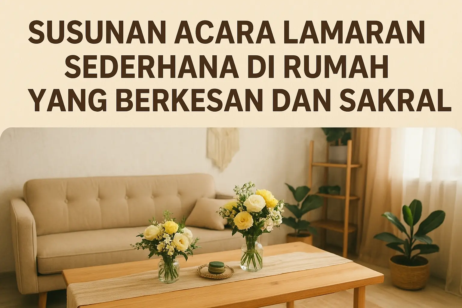 Thumbnail artikel susunan acara lamaran sederhana di rumah, dengan dekorasi minimalis dan bunga segar
